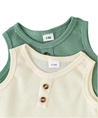The Aarav - 4-Piece Unisex Baby Summer Outfit Set – Waffle Knit Henley Tank Tops & Elastic Waist Shorts, Neutral Style