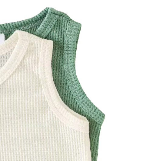 The Aarav - 4-Piece Unisex Baby Summer Outfit Set – Waffle Knit Henley Tank Tops & Elastic Waist Shorts, Neutral Style