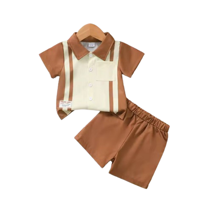 The Carmelo - Baby Boys' Summer Outfit Set – Striped Color Block Collared Shirt with Pocket & Shorts