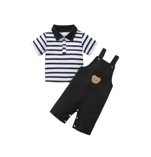 The Ryatt - 2-Piece Baby Boy Summer Outfit, Striped Bear Polo Shirt and Overalls