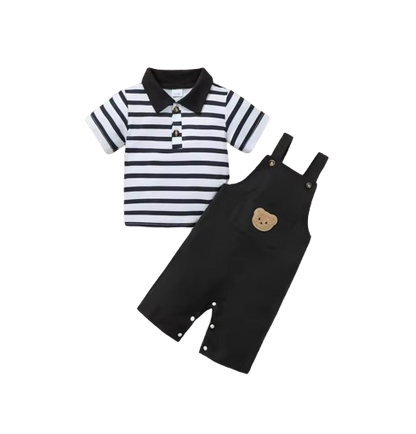 The Ryatt - 2-Piece Baby Boy Summer Outfit, Striped Bear Polo Shirt and Overalls