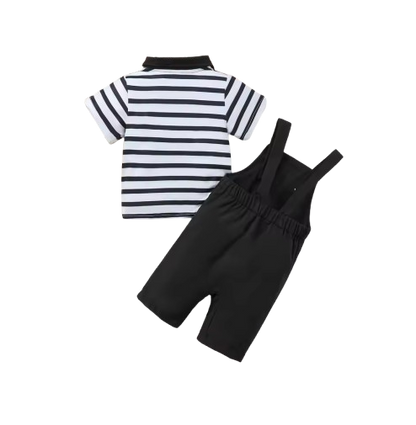 The Ryatt - 2-Piece Baby Boy Summer Outfit, Striped Bear Polo Shirt and Overalls