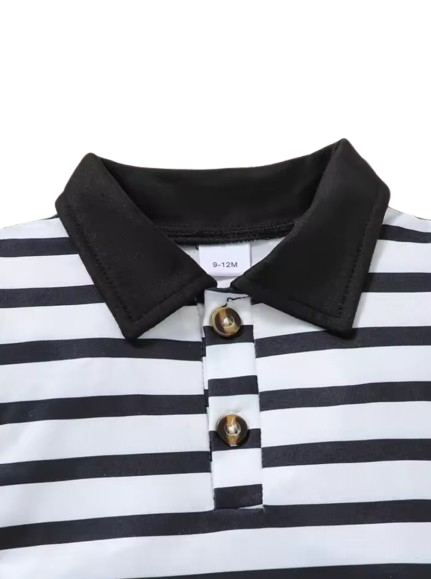 The Ryatt - 2-Piece Baby Boy Summer Outfit, Striped Bear Polo Shirt and Overalls