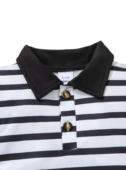 The Ryatt - 2-Piece Baby Boy Summer Outfit, Striped Bear Polo Shirt and Overalls