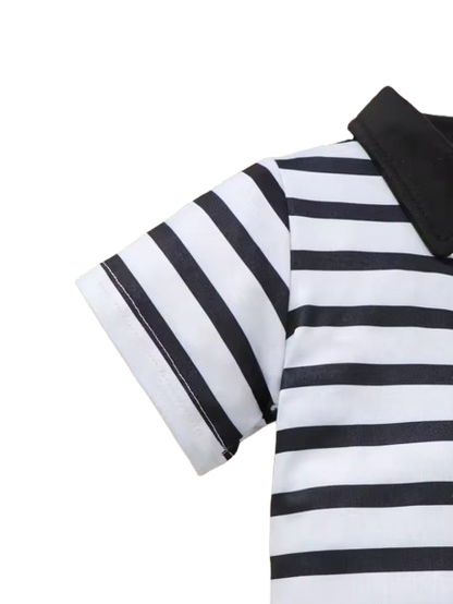 The Ryatt - 2-Piece Baby Boy Summer Outfit, Striped Bear Polo Shirt and Overalls