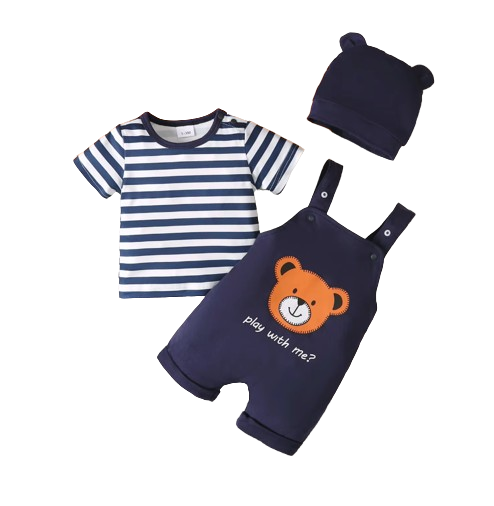 The Wes - 3-Piece Baby Boy Summer Outfit, Striped Shirt, Bear Overalls and Hat
