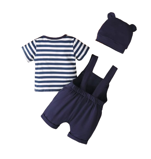 The Wes - 3-Piece Baby Boy Summer Outfit, Striped Shirt, Bear Overalls and Hat