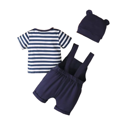 The Wes - 3-Piece Baby Boy Summer Outfit, Striped Shirt, Bear Overalls and Hat