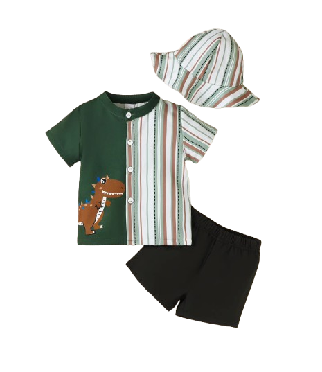 The Cannon - Baby Boy Summer 2-Piece Dinosaur Print Striped Outfit Set