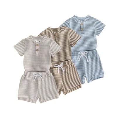 The Lee - Baby Boy Summer 2-Piece Striped Button-Up Bodysuit and Shorts Set