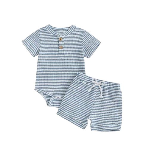 The Lee - Baby Boy Summer 2-Piece Striped Button-Up Bodysuit and Shorts Set
