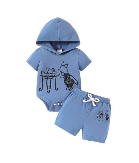 The Marcel - Baby Boy Summer 2-Piece Cartoon Pig Hooded Romper and Shorts Set