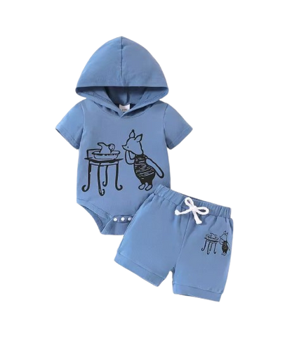 The Marcel - Baby Boy Summer 2-Piece Cartoon Pig Hooded Romper and Shorts Set
