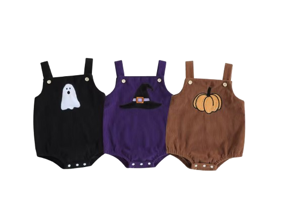 The Misael - Baby Halloween Corduroy Romper, Pumpkin Ghost Print Unisex Outfit