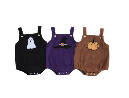 The Misael - Baby Halloween Corduroy Romper, Pumpkin Ghost Print Unisex Outfit