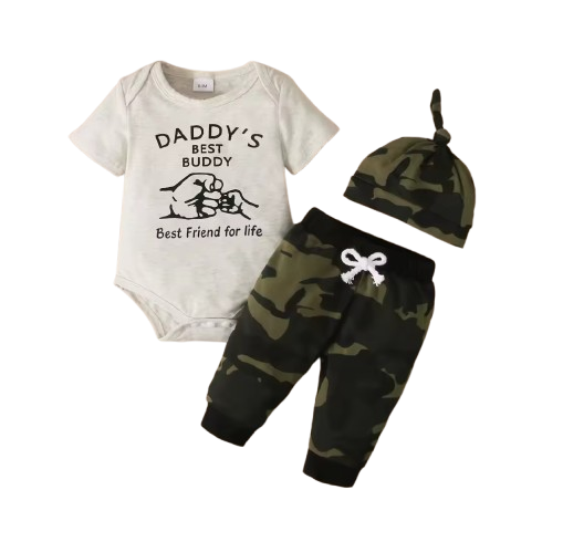 The Ambrose - Newborn Baby Boy 3-Piece Camouflage Outfit Set – Daddy Print Shirt, Pants & Hat