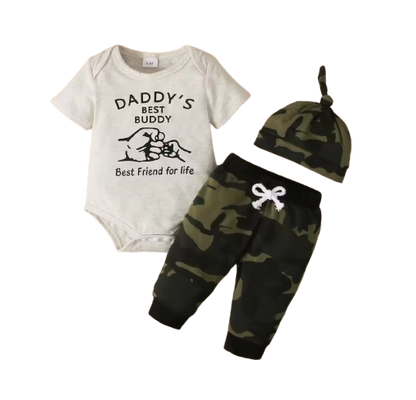 The Ambrose - Newborn Baby Boy 3-Piece Camouflage Outfit Set – Daddy Print Shirt, Pants & Hat