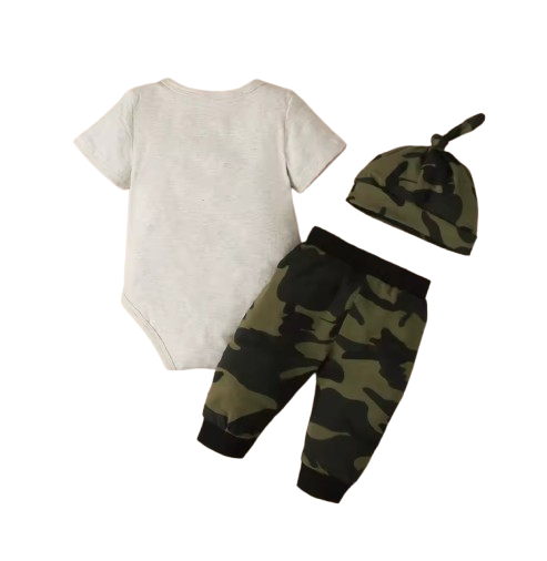 The Ambrose - Newborn Baby Boy 3-Piece Camouflage Outfit Set – Daddy Print Shirt, Pants & Hat