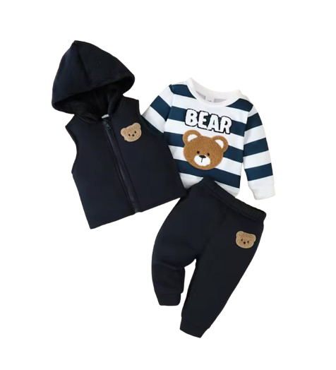 The Mylo - Baby Boy 3-Piece Bear Outfit Set, Vest, Striped Tee and Joggers