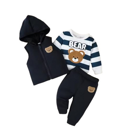 The Mylo - Baby Boy 3-Piece Bear Outfit Set, Vest, Striped Tee and Joggers