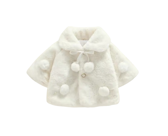 The Emerald - Baby Girl Winter Faux Fur Coat, Pearl Decorated Wide Lapel Jacket