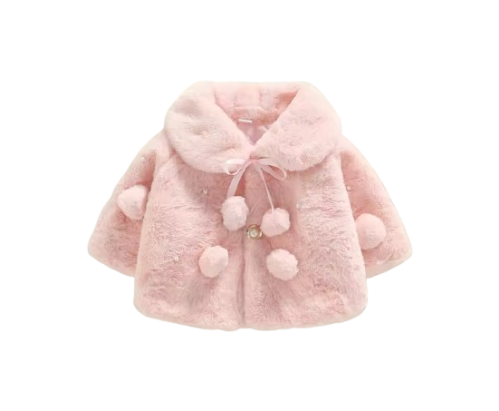 The Emerald - Baby Girl Winter Faux Fur Coat, Pearl Decorated Wide Lapel Jacket