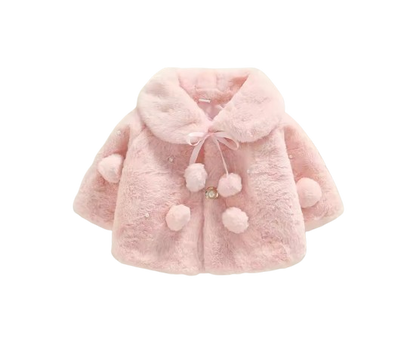 The Emerald - Baby Girl Winter Faux Fur Coat, Pearl Decorated Wide Lapel Jacket