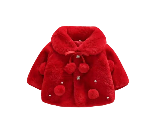 The Emerald - Baby Girl Winter Faux Fur Coat, Pearl Decorated Wide Lapel Jacket