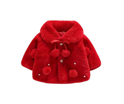 The Emerald - Baby Girl Winter Faux Fur Coat, Pearl Decorated Wide Lapel Jacket