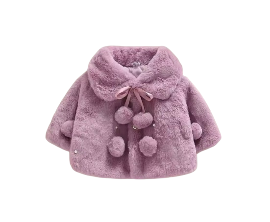 The Emerald - Baby Girl Winter Faux Fur Coat, Pearl Decorated Wide Lapel Jacket