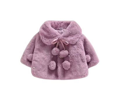 The Emerald - Baby Girl Winter Faux Fur Coat, Pearl Decorated Wide Lapel Jacket