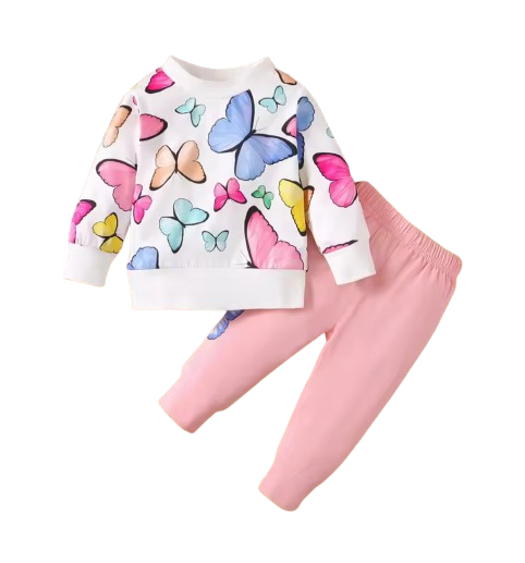 The Kensley - Baby Girl 2-Piece Butterfly Print Top and Pants Set, Spring Autumn