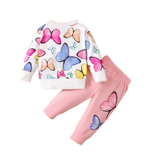 The Kensley - Baby Girl 2-Piece Butterfly Print Top and Pants Set, Spring Autumn