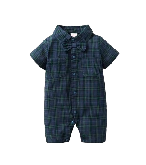 The Franco - Baby Boy Summer Plaid Gentleman Romper with Bow Tie, Short Sleeve