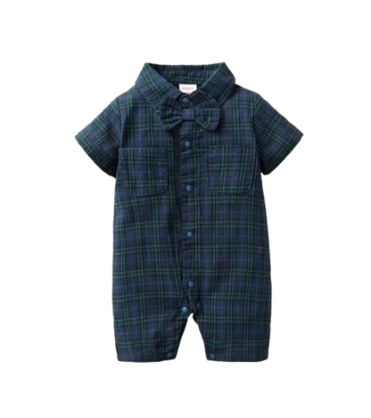 The Franco - Baby Boy Summer Plaid Gentleman Romper with Bow Tie, Short Sleeve