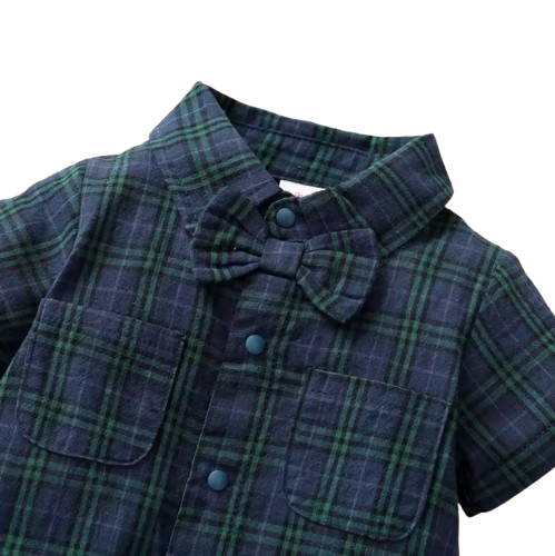 The Franco - Baby Boy Summer Plaid Gentleman Romper with Bow Tie, Short Sleeve