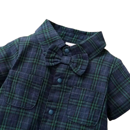 The Franco - Baby Boy Summer Plaid Gentleman Romper with Bow Tie, Short Sleeve