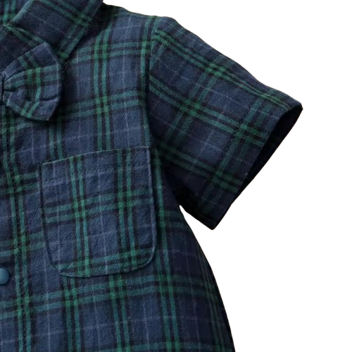 The Franco - Baby Boy Summer Plaid Gentleman Romper with Bow Tie, Short Sleeve