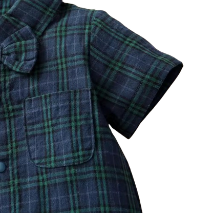 The Franco - Baby Boy Summer Plaid Gentleman Romper with Bow Tie, Short Sleeve