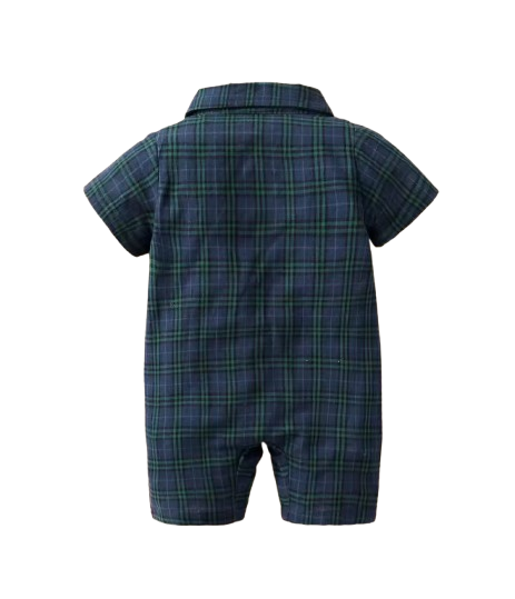 The Franco - Baby Boy Summer Plaid Gentleman Romper with Bow Tie, Short Sleeve
