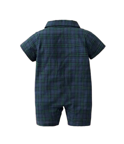 The Franco - Baby Boy Summer Plaid Gentleman Romper with Bow Tie, Short Sleeve