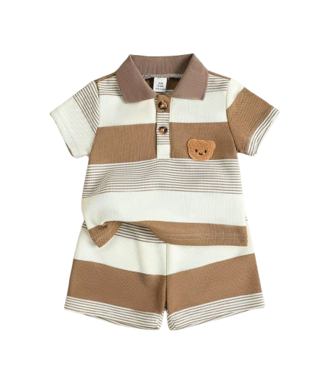 The Matheo - Baby Boy Summer 2-Piece Striped Teddy Bear T-Shirt and Shorts Set