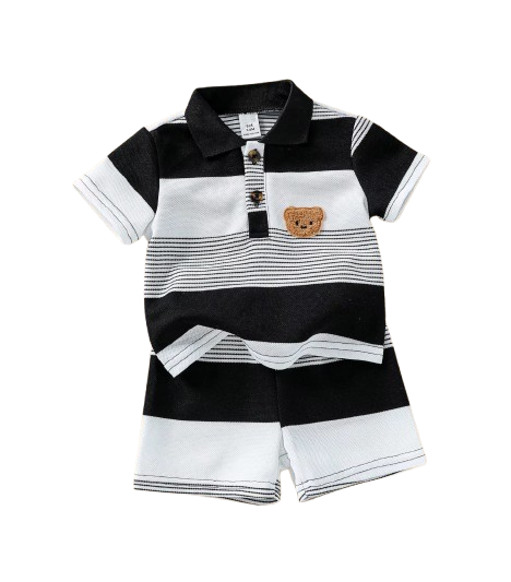 The Matheo - Baby Boy Summer 2-Piece Striped Teddy Bear T-Shirt and Shorts Set