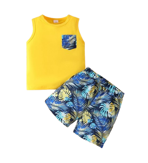 The Magnus - Baby Boy Summer 2-Piece Yellow Tank Top and Tropical Print Shorts Set