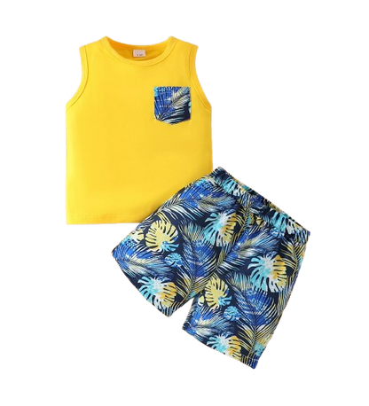 The Magnus - Baby Boy Summer 2-Piece Yellow Tank Top and Tropical Print Shorts Set