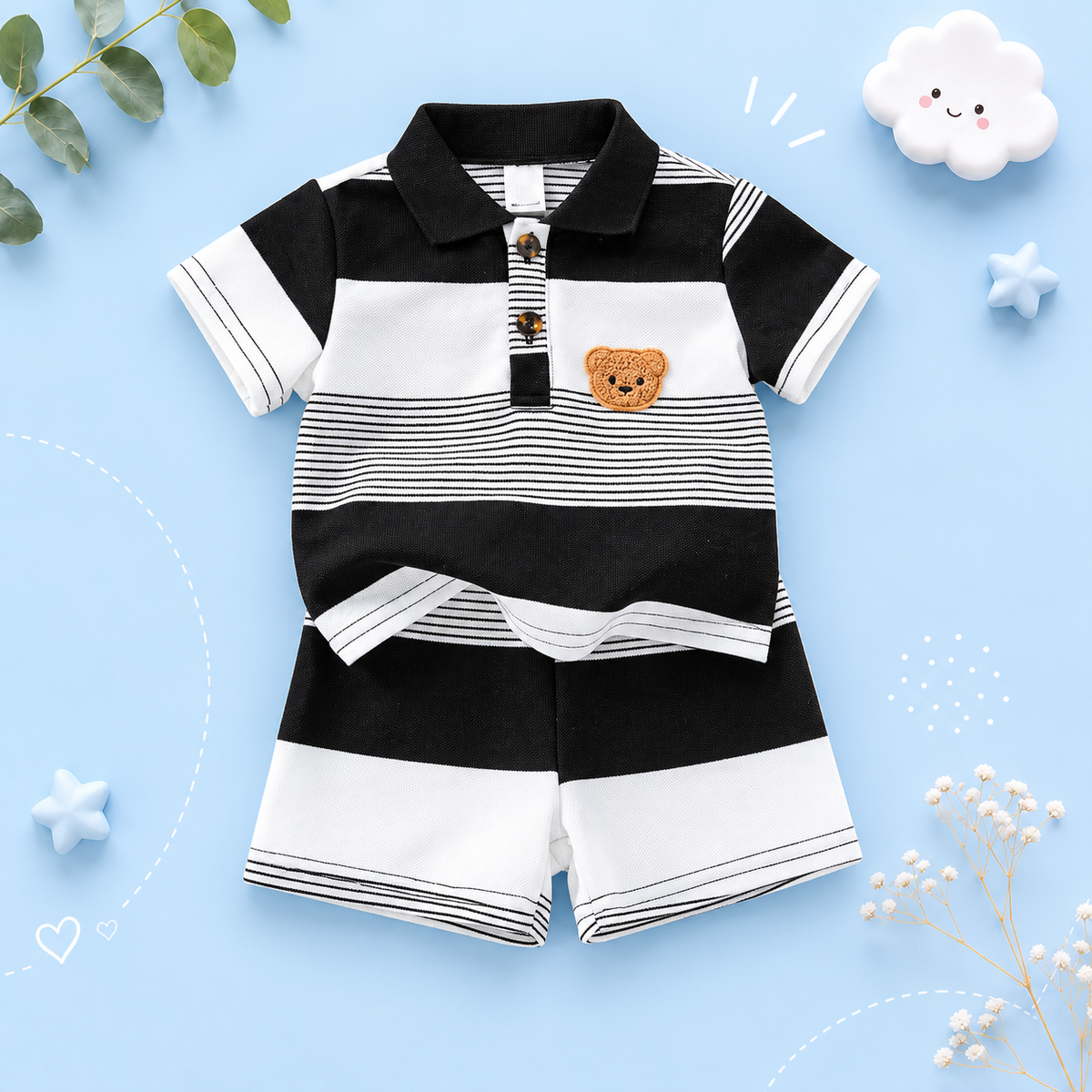 The Matheo - Baby Boy Summer 2-Piece Striped Teddy Bear T-Shirt and Shorts Set