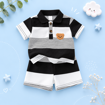 The Matheo - Baby Boy Summer 2-Piece Striped Teddy Bear T-Shirt and Shorts Set