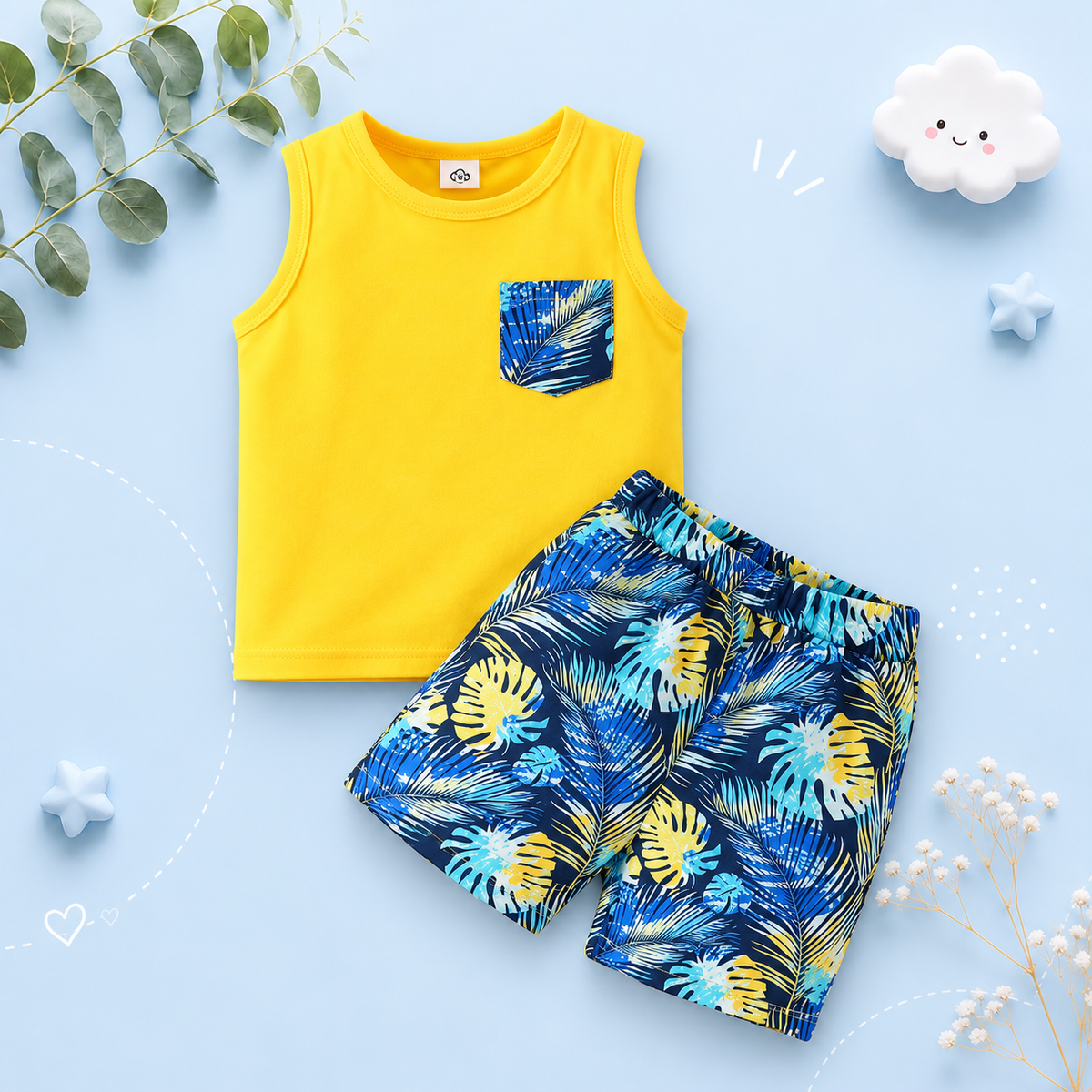 The Magnus - Baby Boy Summer 2-Piece Yellow Tank Top and Tropical Print Shorts Set