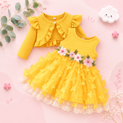 The Kathryn - Baby Girls' Dress & Coat Set – Long Sleeve Ruffle Waffle Coat with Princess Butterfly Flower Dress, Newborn & Toddler Outfit