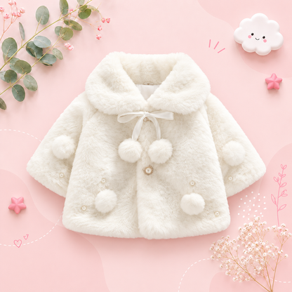 The Emerald - Baby Girl Winter Faux Fur Coat, Pearl Decorated Wide Lapel Jacket